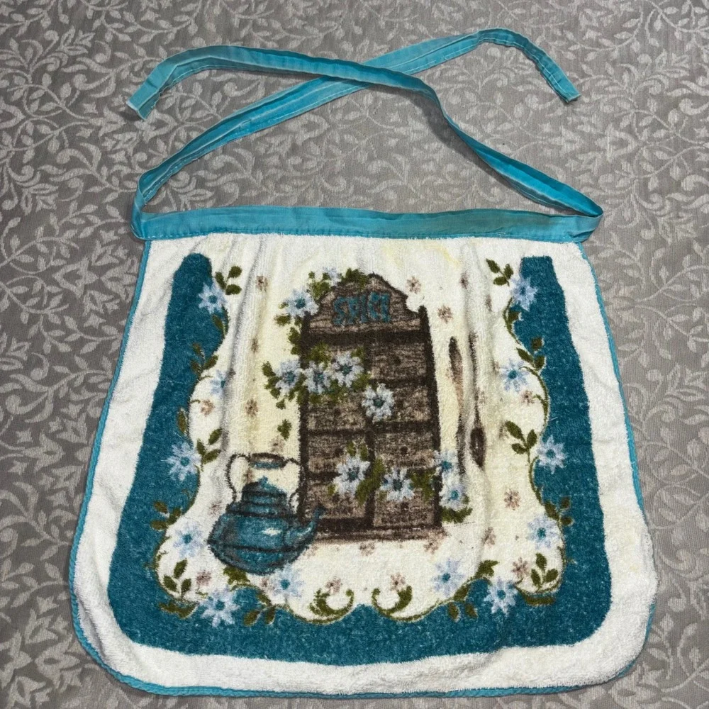 Vintage 1970s Handmade Terry Cloth Half Apron Blue Floral Spice Cabinet Kitchen‎